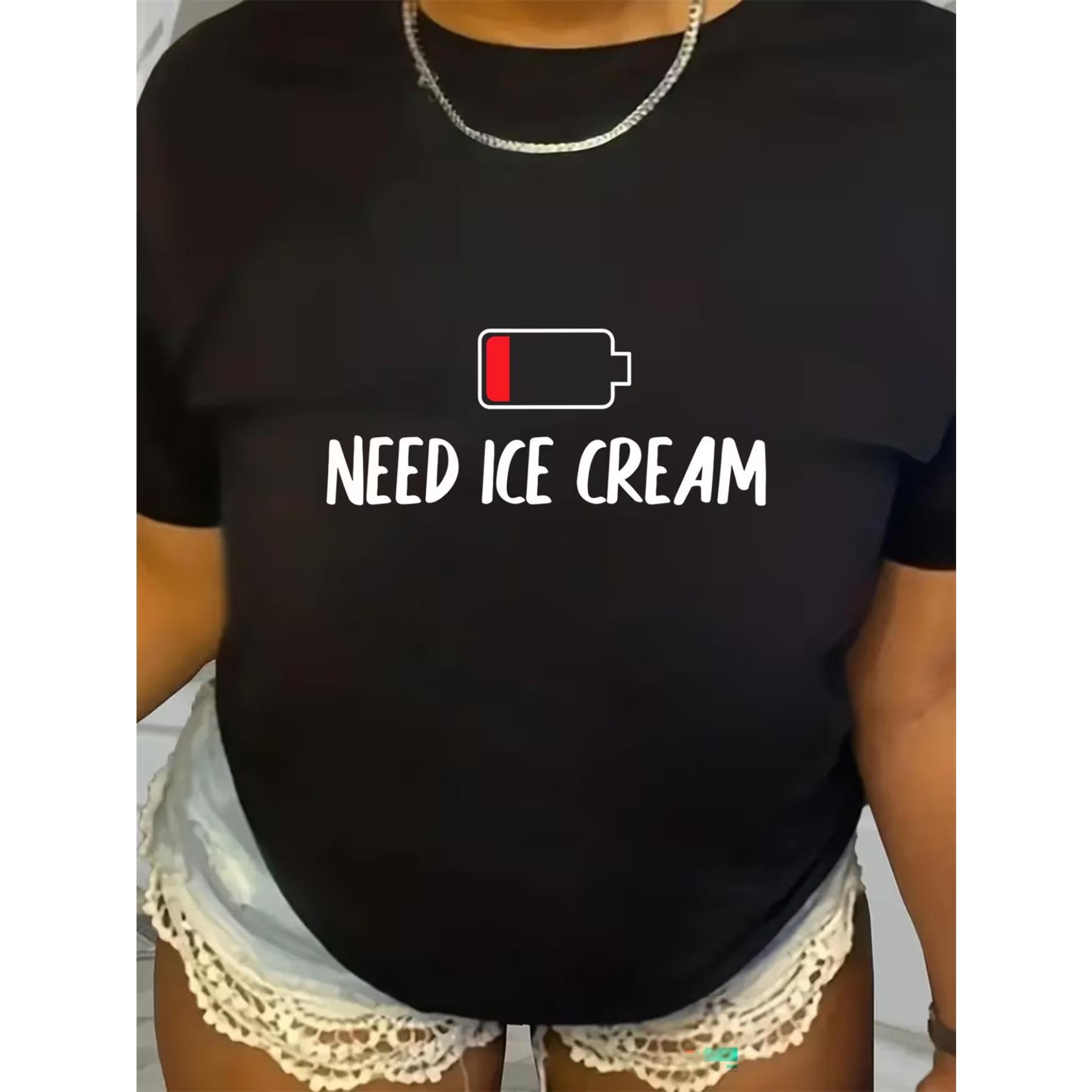 

Women s Plus Size Low Battery Graphic T-Shirt with Ice Cream Slogan - Funny Casual Summer Top XXL чорний