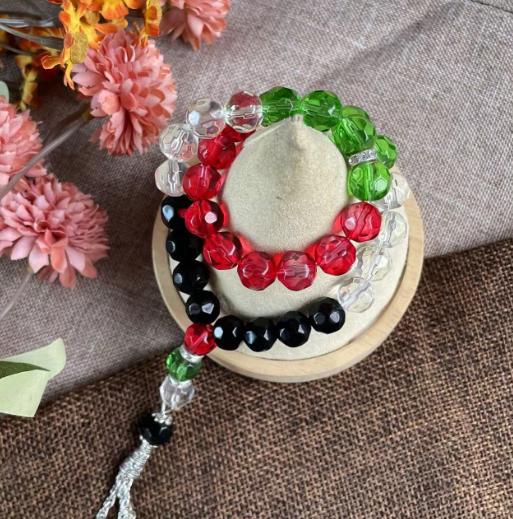 Tasbih Cristal 33 Perles Couleurs Palestine, Bracelet de Prière Musulman Rouge Vert Blanc Noir, 3 Longueurs pour la Prière & la Mode