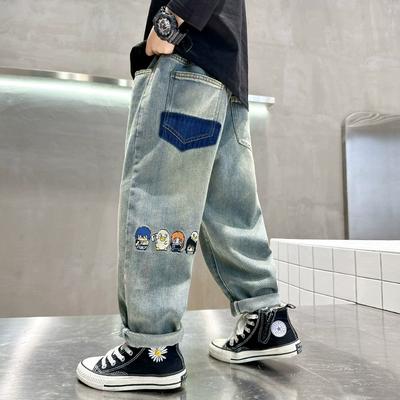 Boys' Cartoon Embroidered Casual Jeans Pants Spring and Autumn