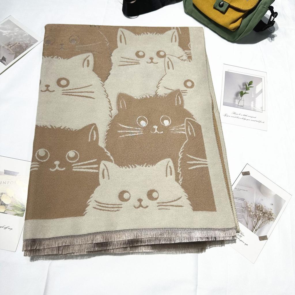 New All match Cute Cat Pattern Autumn and Winter Scarf for Women Winter Warm and Thickened Air Conditioned Shawl
