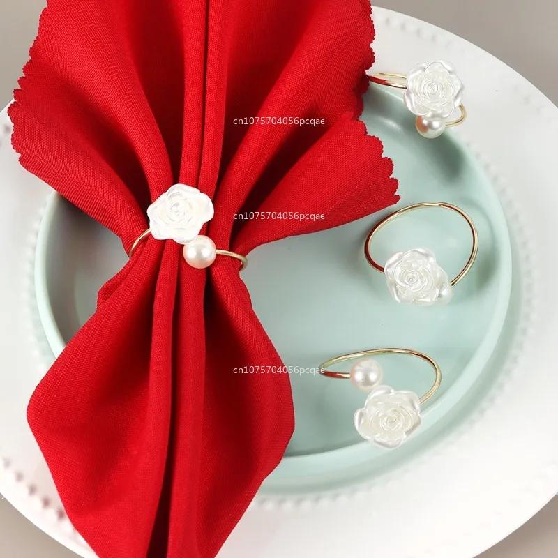 Valentine's Day Wedding Pearl Napkin Clasp Roses Creative Round Pearl Napkin Rings for Restaurant Family Table Decoration