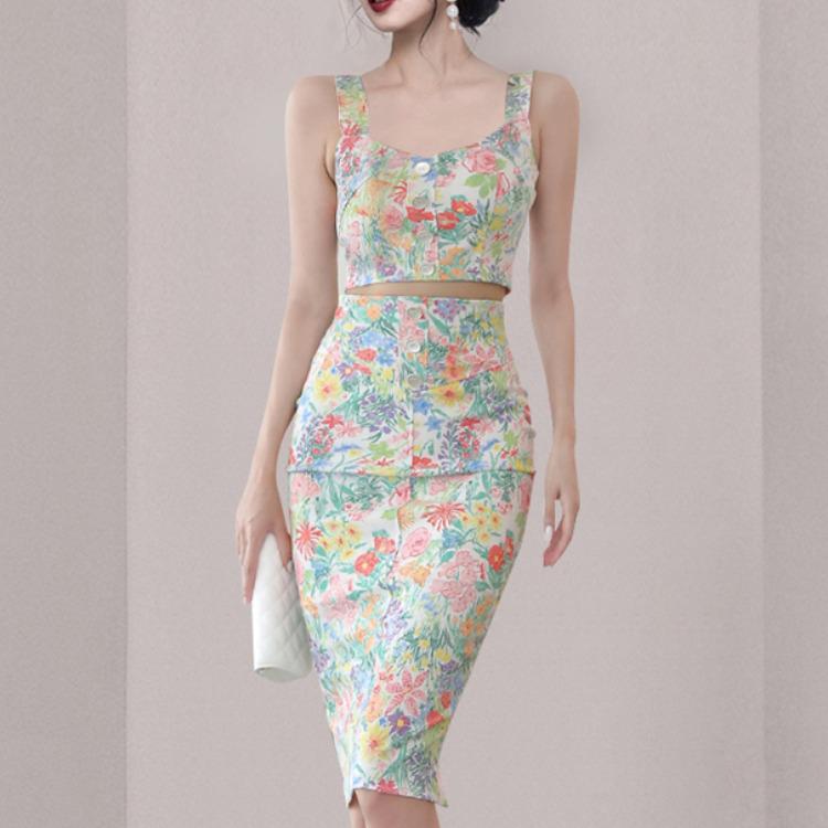 Zweiteiliges Bodycon-Set im koreanischen Stil mit Print, Spaghetti-Trägern, Oberteil und hochtailliertem Rock