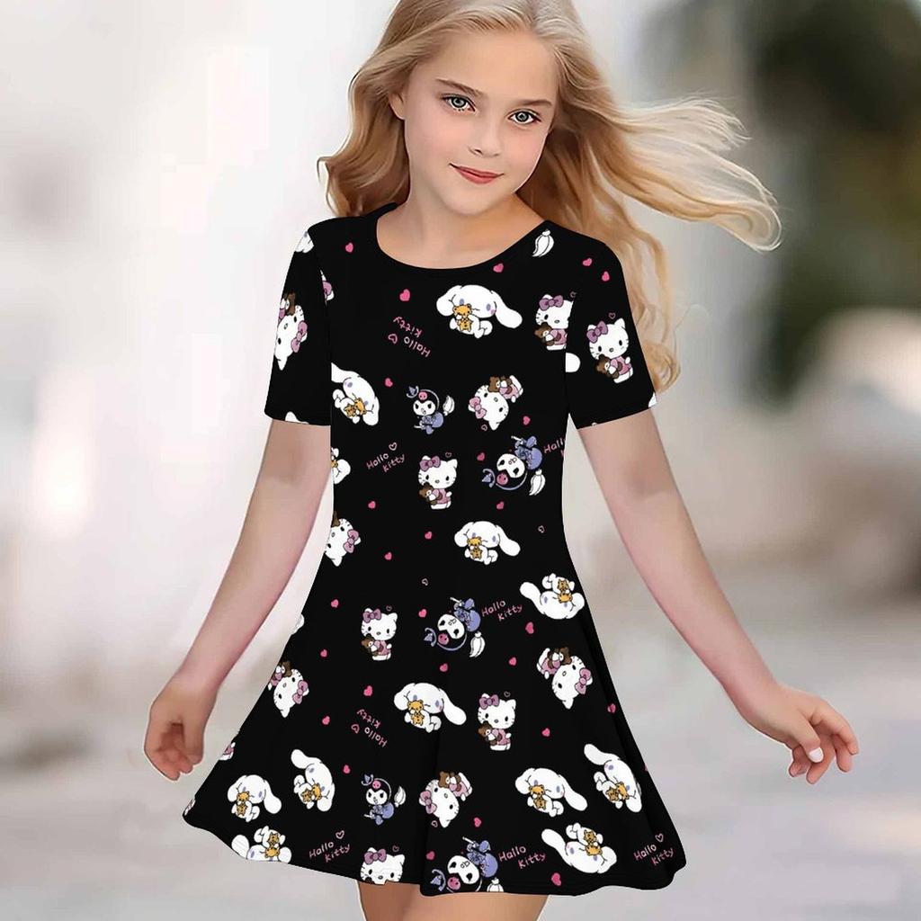 Girls 3D Print Dresses Kids Girl Party Short Sleeve Princess Dress Tank 3D Likable Cartoon Print Dress