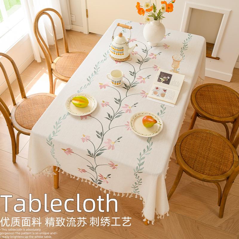 Embroidery Craft Rectangular Dining Table Cloth French Literary Simplicity Atmosphere Decorative Tassel