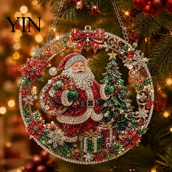 Holiday Art Decoration Christmas Faux Diamond Ornament Kit, Santa Angel Sun Catcher DIY Acrylic Detailed Printed Symbol Design Round Board,