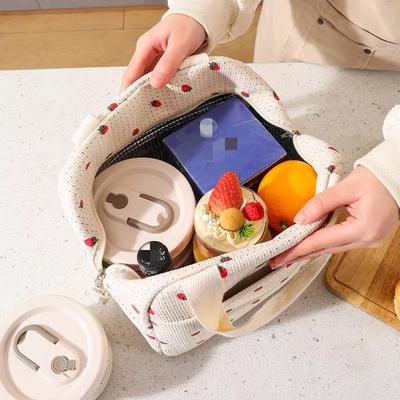1pc Corduroy Insulation Lunch Bag Portable Hand-held Bento Bag Large Capacity Flower Strawberry Patterned Outdoor Picnic Bag