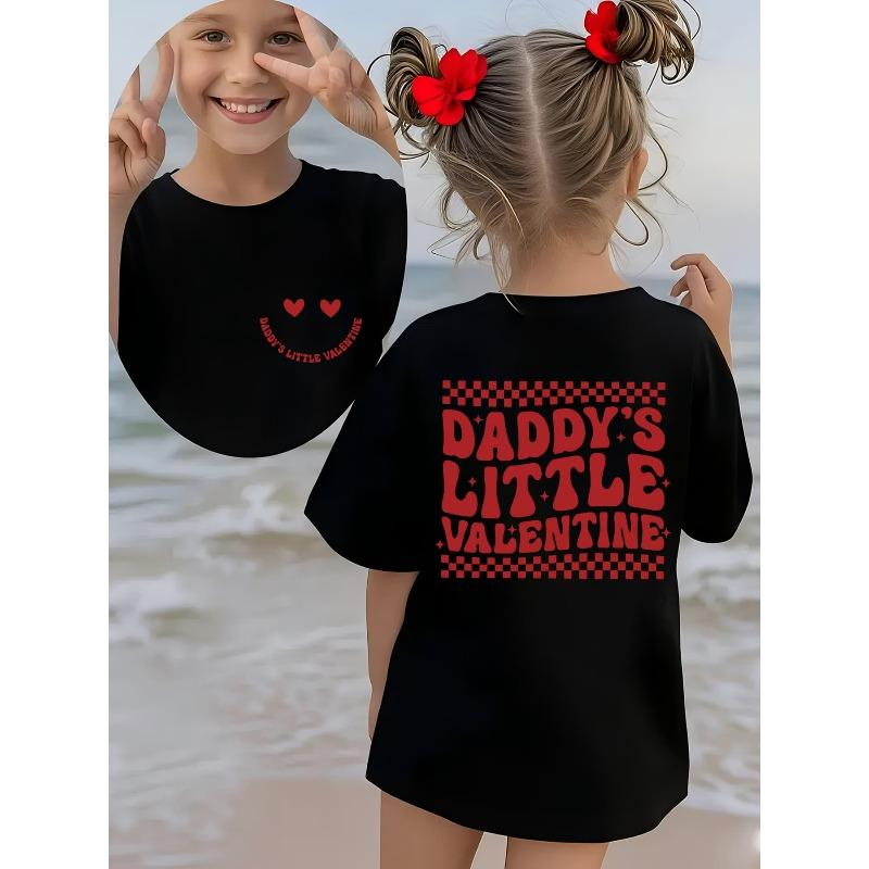 Mărimi europene Fete Modă de vară Tricou cu mânecă scurtă DADDYS LITTLE VALENTINE Imprimeu desen animat carouri și ochi de inimă Gât rotund casual