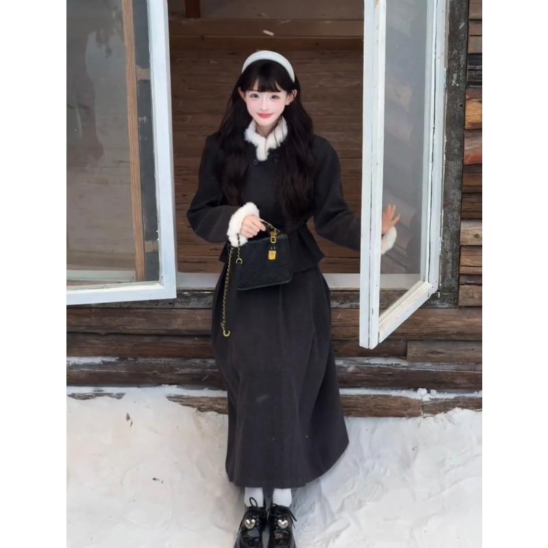 Costum elegant de toamnă și iarnă pentru femei, palton cu două rânduri de nasturi cu guler de lână și fustă plisată cu talie înaltă