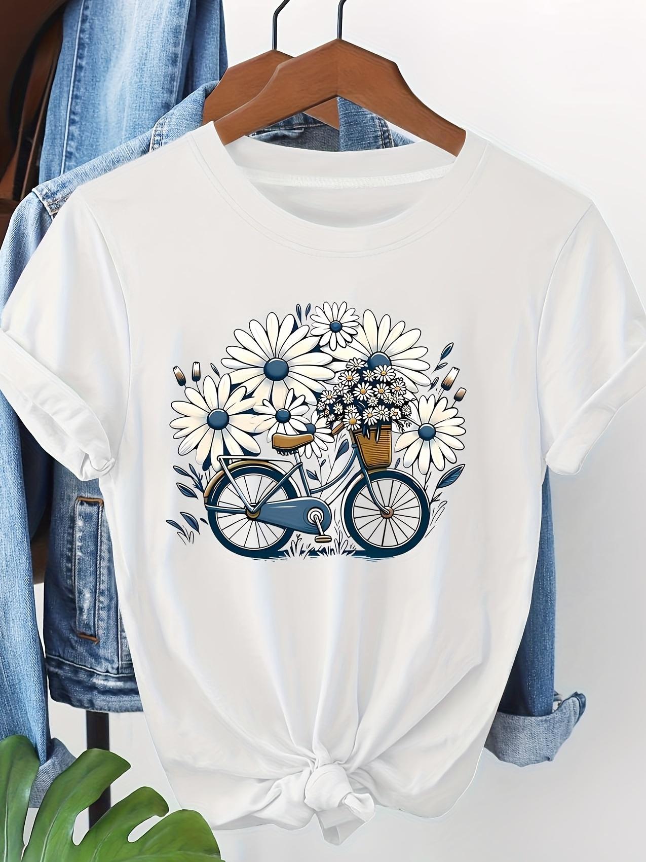 

Biking Time with Daisies Graphic Print T-shirt. Short Sleeve Crew Neck Casual Top for Summer ; Spring. Women s Clothing 3XL дубильна кора