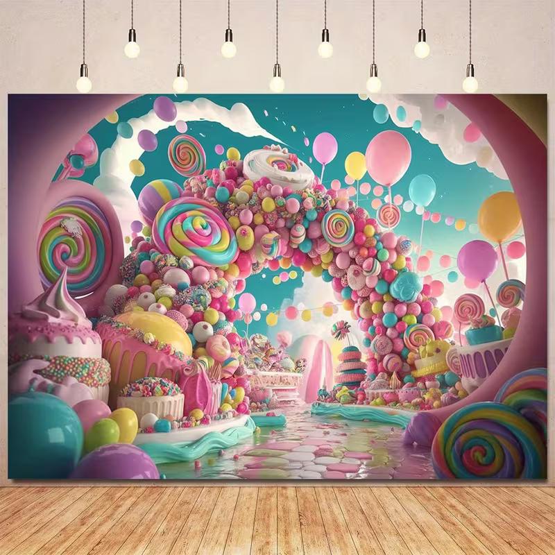 2D Whimsical Sweet Party Backdrop with Candies & Balloons Photo Booth Background