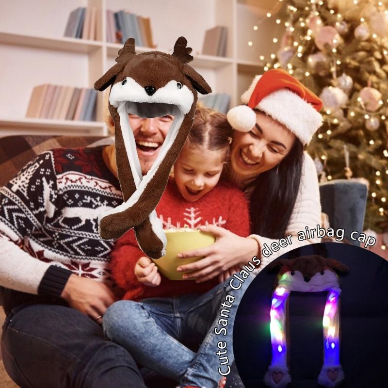 Plush Animal Hat Winter Warm Beanie with Long Ear Flaps Cute Elk with Moving Ears Christmas Gift for Teens Boys Girls