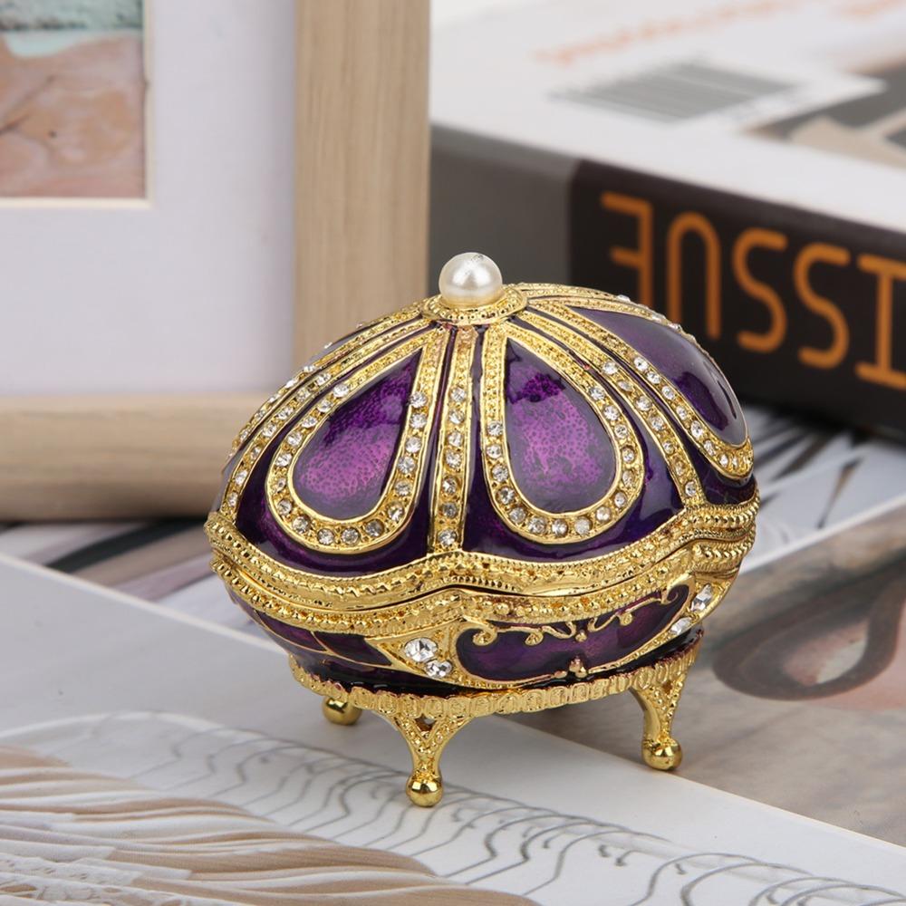 Hinged Lid Metal Trinket Box Purple Enamel Rhinestone Ornament Enamel Jewelry Box Home Decor