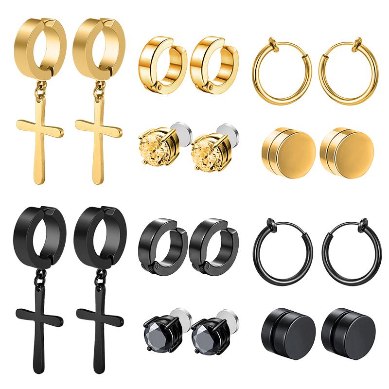 1/12 Paar Magnetische Oorclip Set Mannen en Vrouwen Roestvrij Staal Ring Kruis Niet-Geperforeerde Nep Gauge Huggie Hoepel Oorbellen Set