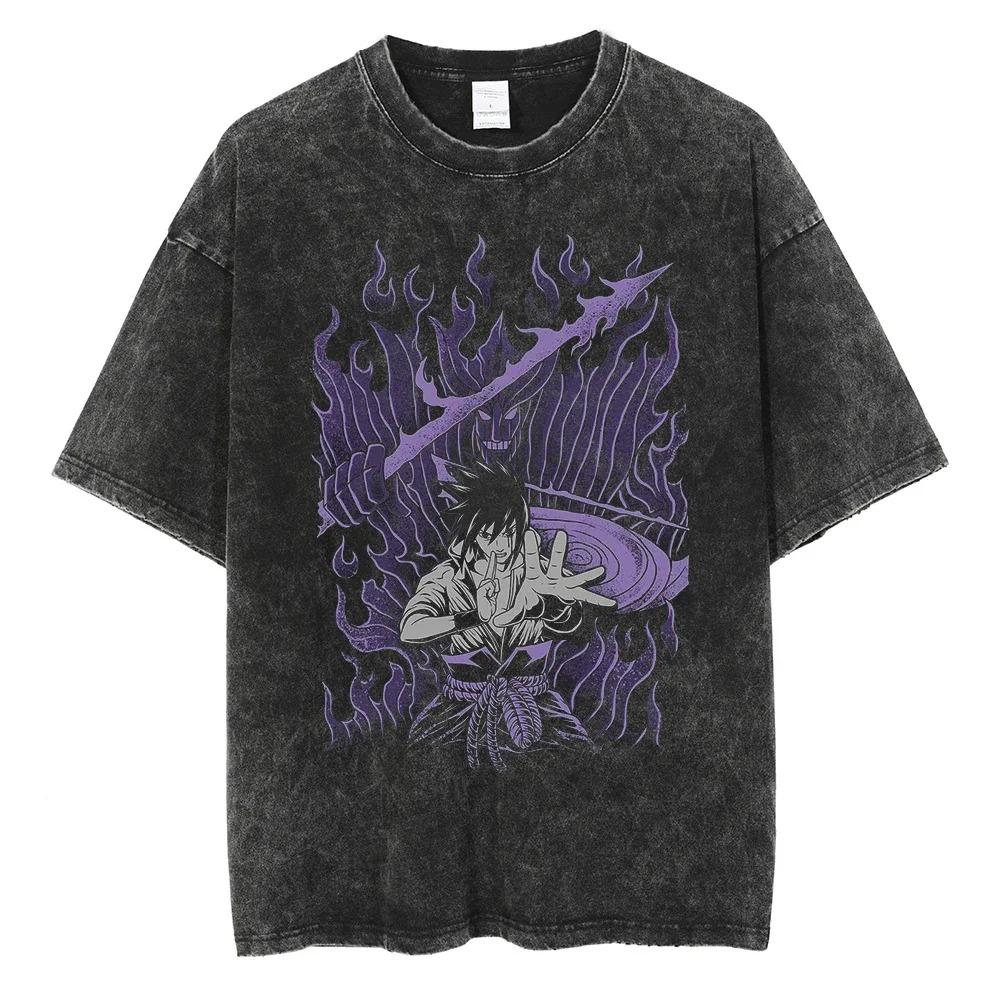 Sommer Kurzarm Baumwolle Herren Damen Streetwear Vintage Schwarz Gewaschenes T-Shirt Harajuku Anime Naruto Print T-Shirt Lockere Oberteile T-Shirts