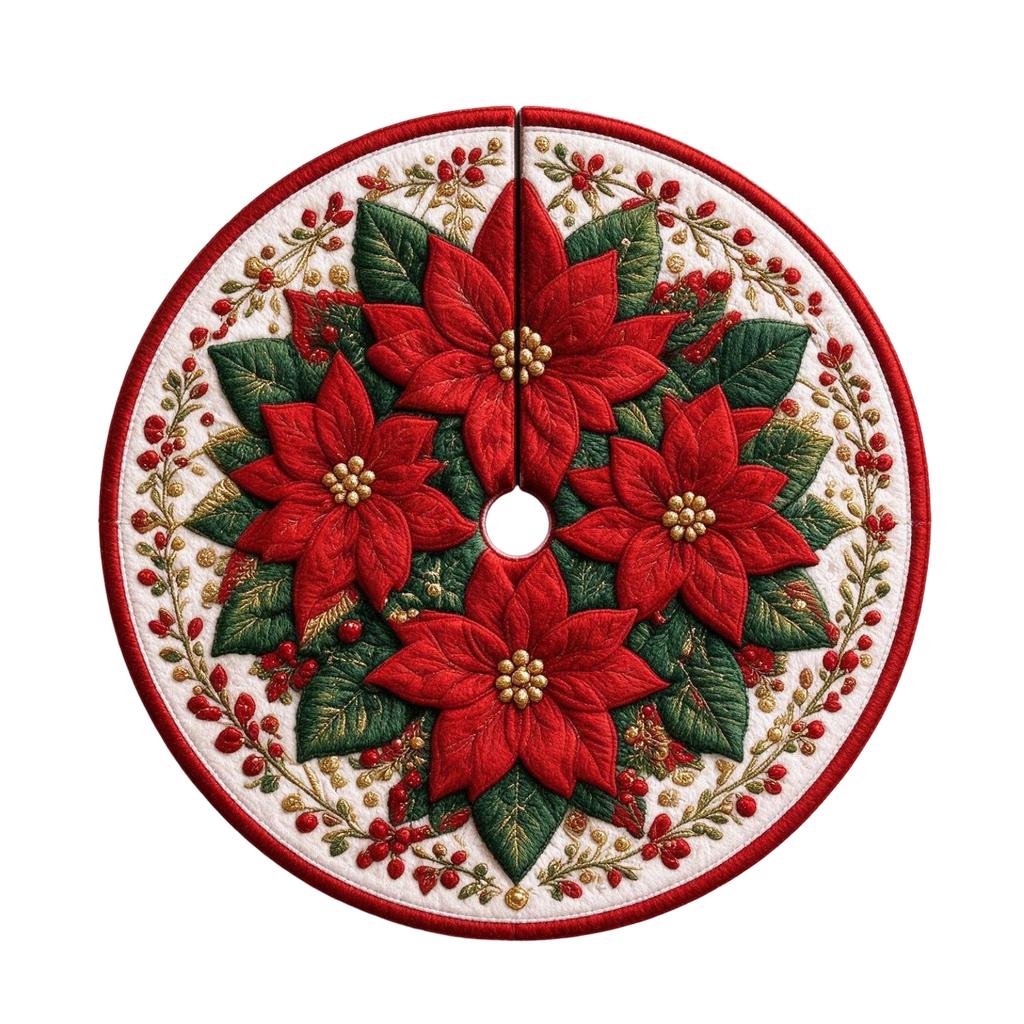 Christmas Tree Skirt with 2D Embroidery Digital Print, Festive Holiday Tree Decoration for Christmas Home Decor