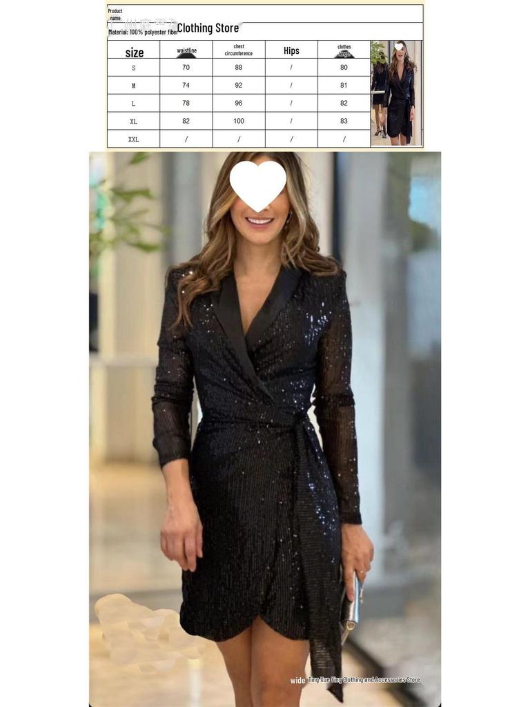 European & American Ladies' Fashionable Sequin Tie-Up Dress with Waist Cinch and Lapel 