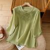 women chinese style embroidered linen blouse frog button three quarter sleeve shirt