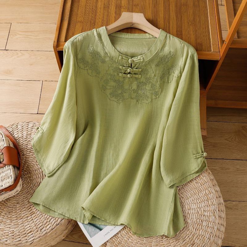 women chinese style embroidered linen blouse frog button three quarter sleeve shirt