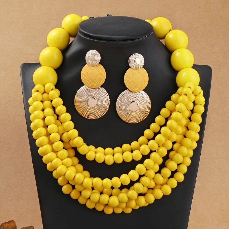 African Zircon Set Ethnic Style Multi-layer Handmade Wooden Beads Beaded Statement Necklace Earrings Women Party Accessories