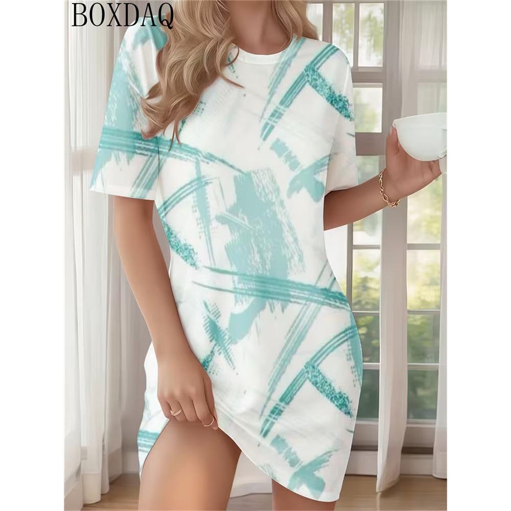 2026 Summer Home Abstract Design Printed Round Neck Short Sleeve Loose Women's Dress