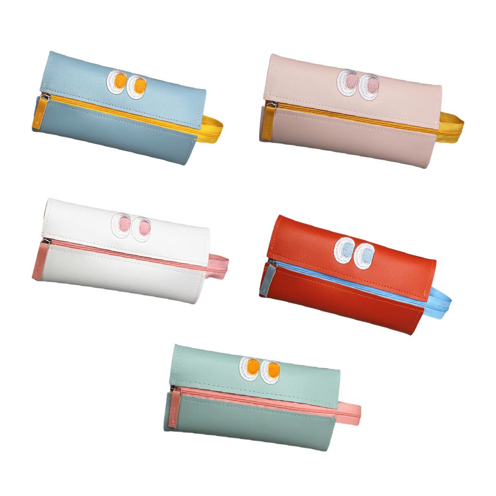 Leather Pencil Case Embroidery Zipper Solid Color Lifting Handle Replacement School University Pen Bag Pouch Birthday Gift