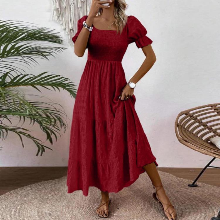 Women S Square Neck Puff Sleeve Maxi Dress Smocked Bodice Tiered Skirt with Pockets for Casual Wear