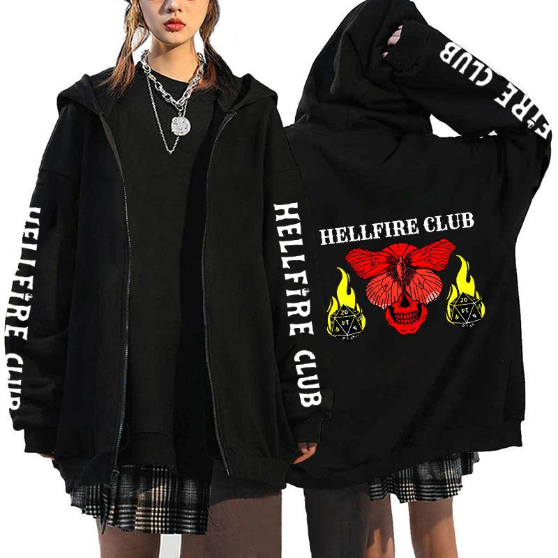 Hellfire Club Graphic Printing Hooded Men s Zipper Hooded Casual Loose Sweatshirt Unisex Zipper Jacket XS чёрный