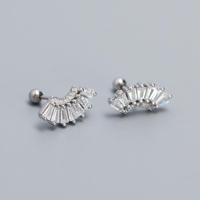 Screw Ball Back 925 Sterling Silver Geometric Zircon Fan-Shape Stud Earrings for Women Gifts