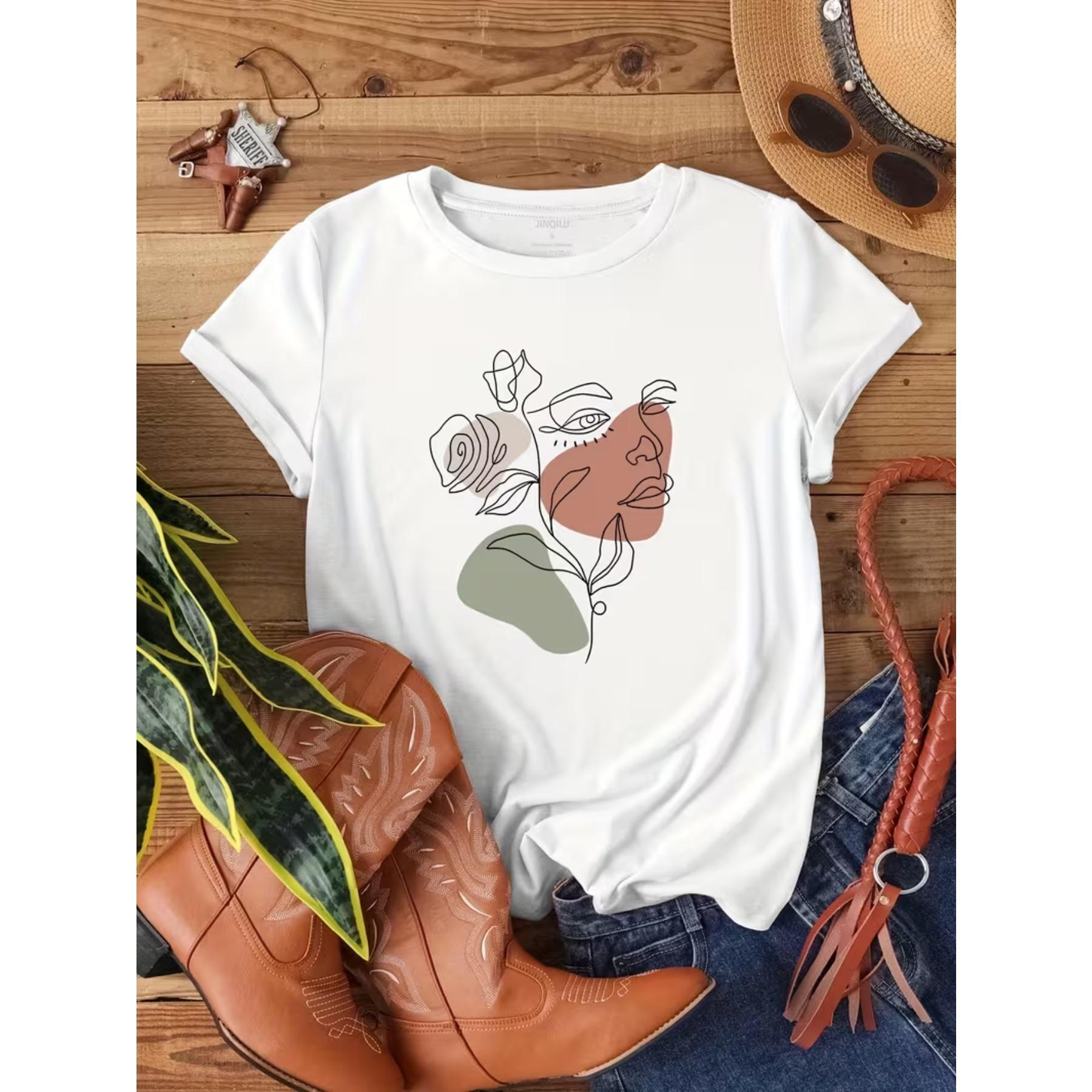 Summer Dress Women s Line Floral Face Print T-Shirt S белый