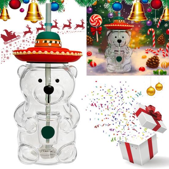 Teddy Bear Glass Sippy Cup with Straw BPA-Free 580ml Large Capacity Glass Tumbler for Cold Drinks Homemade Beverage Container