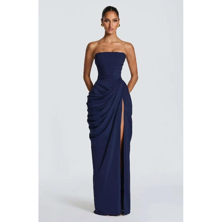 2026 Nuovo Abito Lungo Giallo Senza Spalline Primavera Estate Drappeggiato Spacco Alto Abito da Sera Bodycon Abito per Ospiti di Matrimonio Festa Donna