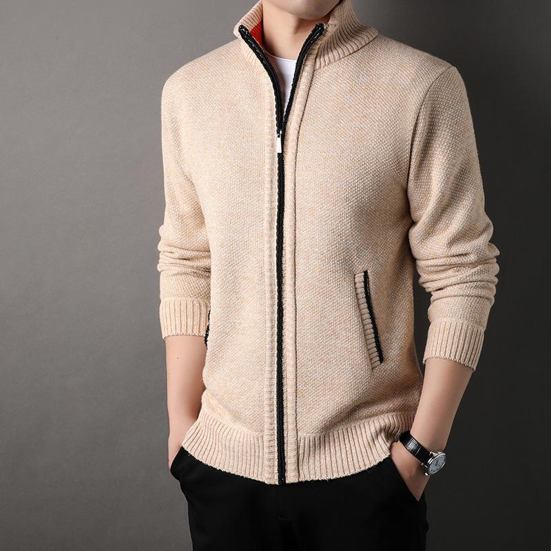 Men's Stand Up Collar Knit Sweater Autumn Spring Cardigan Tops Korean Slim Solid Color Sweatercoat Jacket