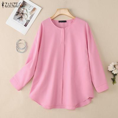 Women Casual Round Neck Solid Color Long Sleeve Loose Blouse