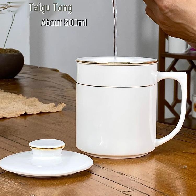 Gold Rim Ceramic Tea Strainer Cup with Lid and Mesh Filter