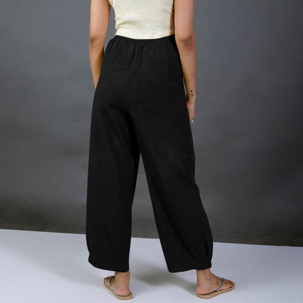 Women's Fashionable Casual -Color Cotton-Linen Trousers With Elastic Waistband And Pockets
