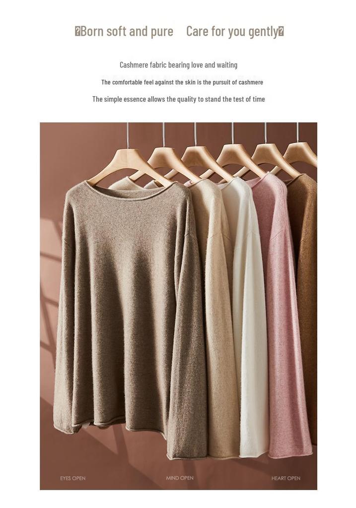 Women's Long Sleeve One-Shoulder Cashmere Knit Sweater - Mid-Length, Rolled Edge, Autumn/Winter Collection