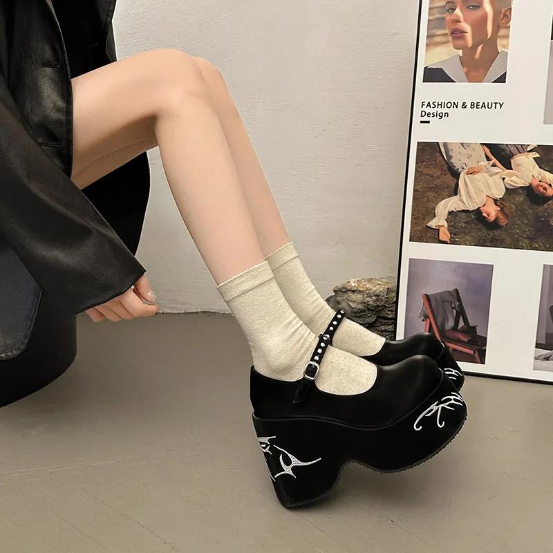 Women's Platform High Heels Gothic Lolita New Mary Jane Shoes Casual Woman Heeled Party Wedges Thick Bottom Pumps Black Loafers