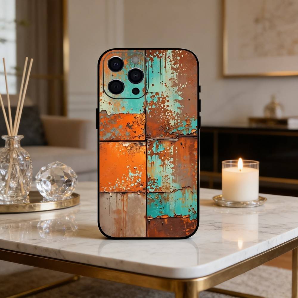 R-Retro Industrial Style Rusty Phone Case For iPhone 17 16 15 14 13 12 Max Plus Silicone Black Cover