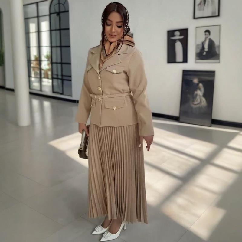 2025 spring new European, American Amazon foreign trade cross-border solid color temperament lapel suit pleated skirt set