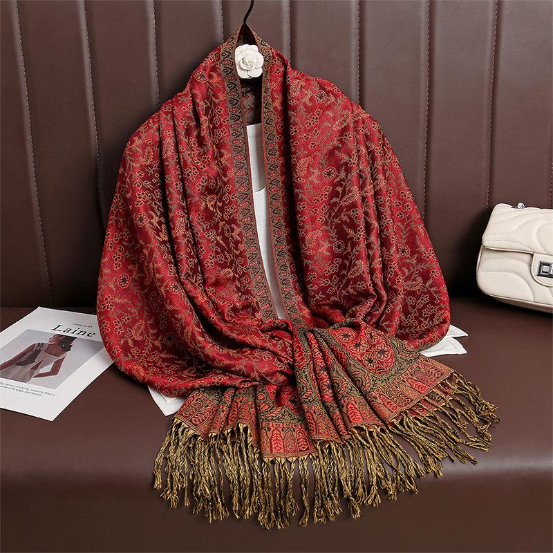 Jacquard Scarf Shawl High-End Atmosphere Fringed Scarf Osmanthus Pattern Jacquard Warm And Comfortable Scarf