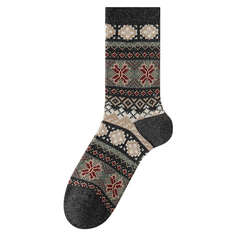5 Pairs Men Mid Calf Cotton Socks Double Needle Retro Ethnic Pattern Warm Autumn Winter Sweat Wicking Deodorant Crew Socks