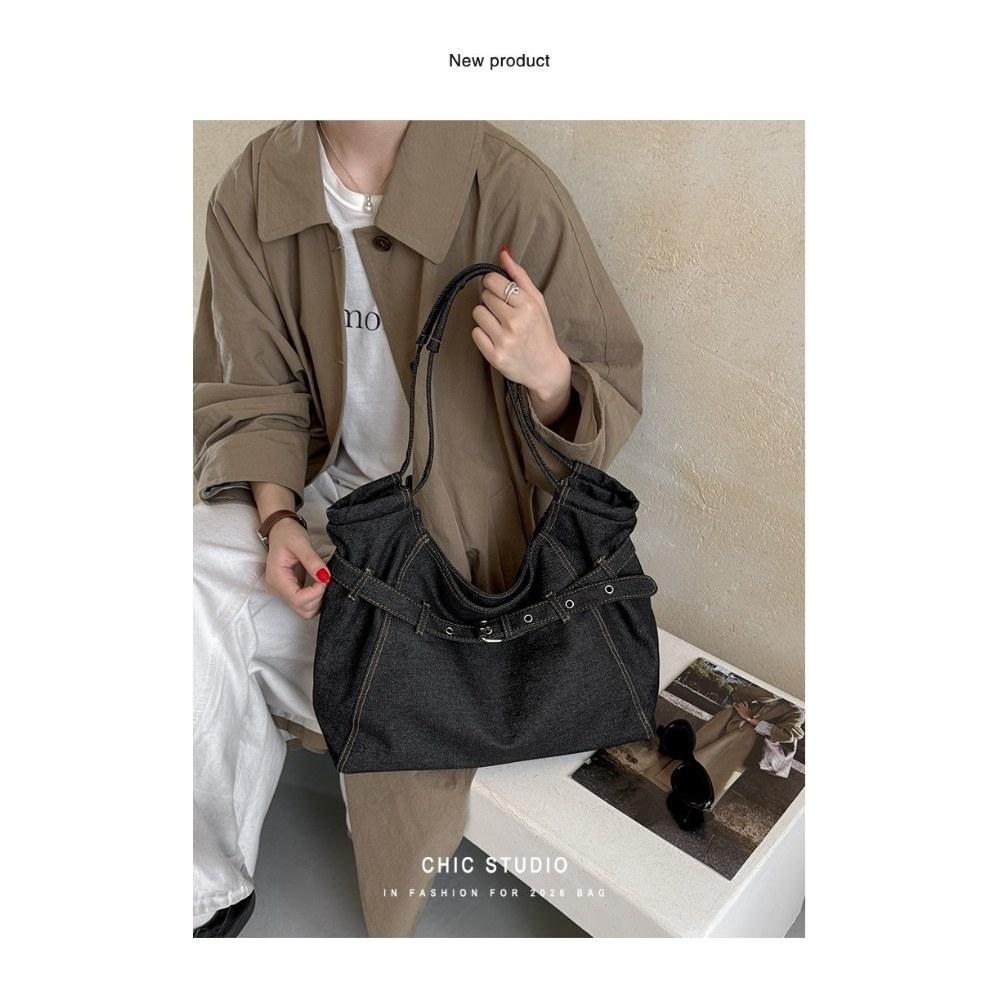 Women Vintage Pleated DenimTote Bag for Daily Commute