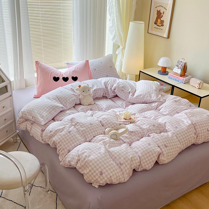 INS Solid Colour Minimalist Pattern Bedding Set For Adults Kids Pink Cute Fitted Sheet With Pillowcases Colorful King Queen Size