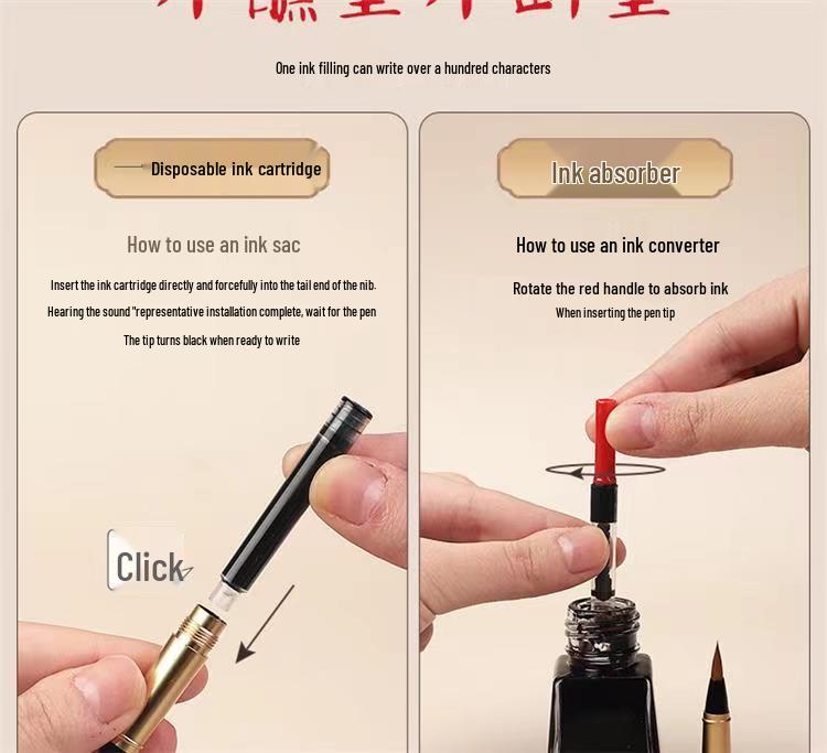 Sandalwood Calligraphy Brush Pen with Replaceable Ink and Nylon Soft Tip for Small Regular Script, Engraving Capable