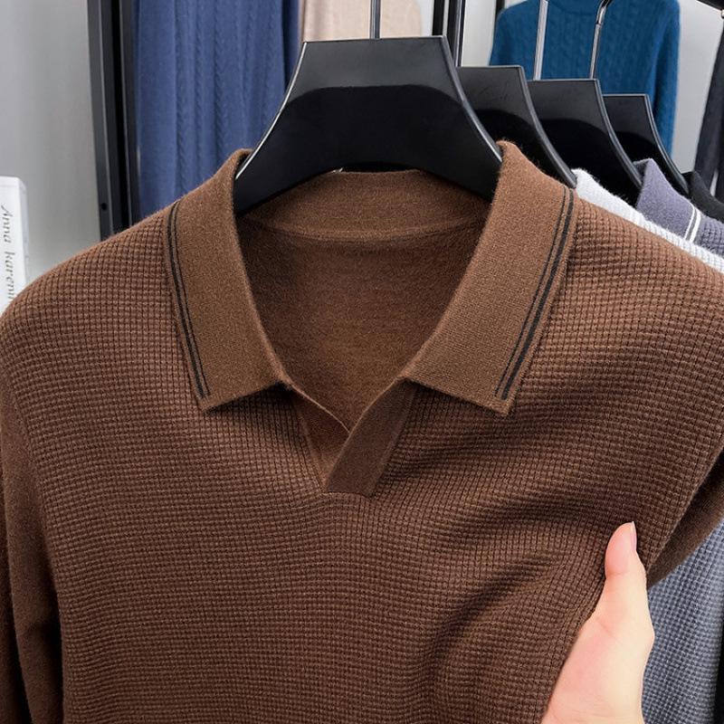 Autumn 2025 Wool Lapel Knit Sweater for Middle-Aged Men - Lightweight Base Layer Shirt