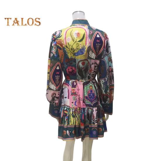 Sukienka damska na jesień i lato ze stójką, jednorzędowa, z długimi rękawami typu latarnia, wąska talia, vintage, falbaniasta, plisowana, kolorowa, z nadrukiem, mini sukienka