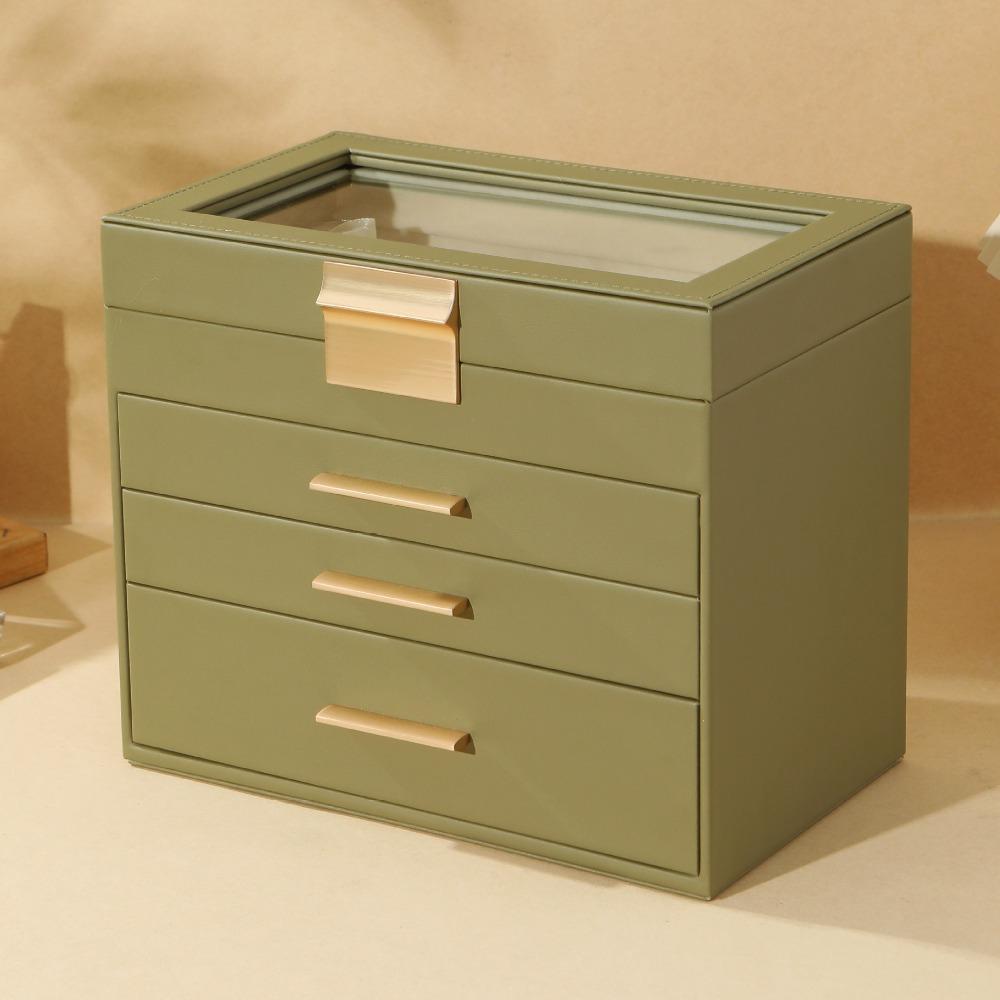 PU Window Jewelry Storage Box Anti-Oxidation Gold Hardware Four Layer Jewelry Box Hardware Compartments Multi-Layer Design зелёный