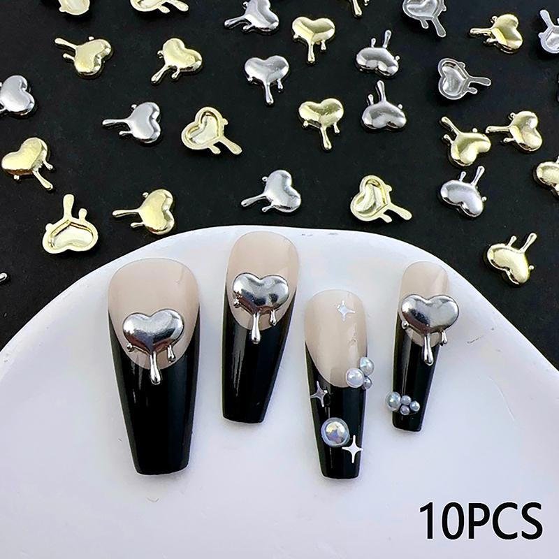 10Pcs/Bag Alloy Lava Love Nail Art Jewelry Gold Silver 3D Diy Nails Accessories Professional Supplies Metallic Heart Decorations