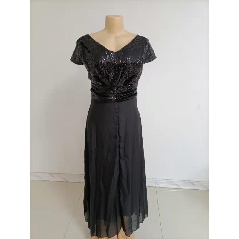 Summer New Foreign Trade Dress New V-neck Sequin Chiffon Patchwork Evening Dress Party Vacation Style Casual Dress