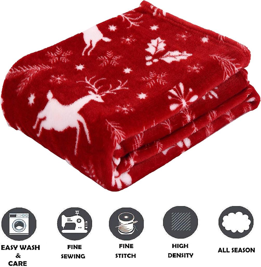 VIKAMA Wine-Red Reindeer Soft Christmas Print Blanket - A Warm And Comfortable Blanket For Home Decoration, Machine Washable